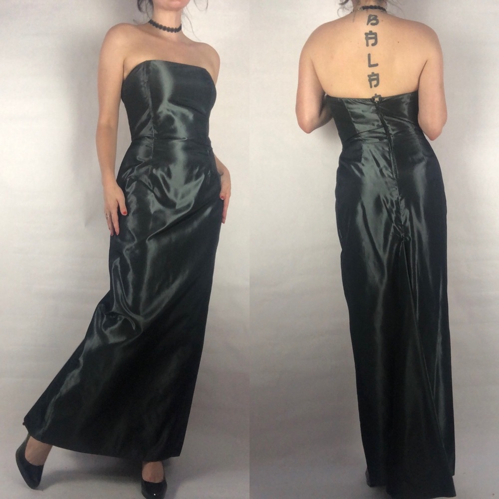 Vintage Dark Gray Metallic Strapless Formal Gown